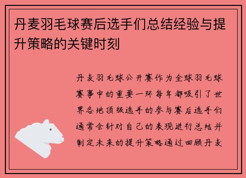 丹麦羽毛球赛后选手们总结经验与提升策略的关键时刻